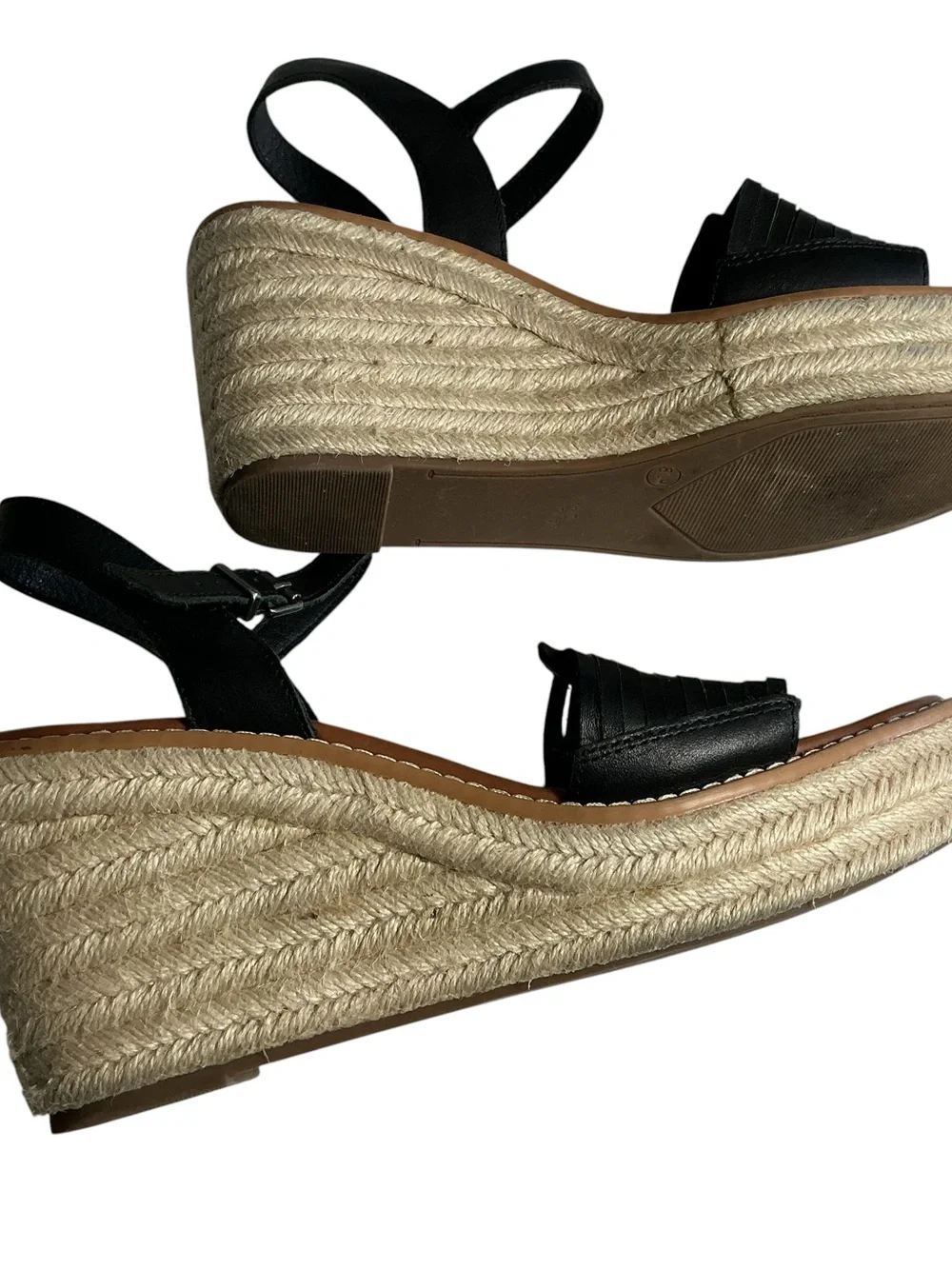 Crown Vintage Hendra Espadrille Wedge Sandals Black Leather Strappy Size 8.5 M